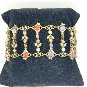 Sweet Romance Signed Vintage Inspired Brass Tone Multi Color Crystal Bracelet